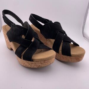Clarks Collection Black Suede Wedge Sandals Womens Size 8.5 Cork Platform